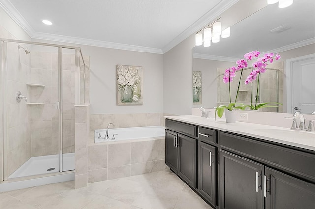 bathroom featuring ornamental molding, separate shower and tub, double sink vanity, and tile patterned flooring