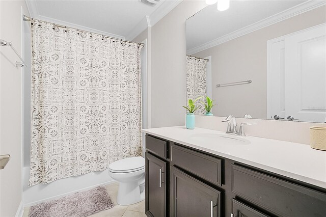 full bathroom featuring tile patterned flooring, crown molding, toilet, vanity, and shower / tub combo with curtain