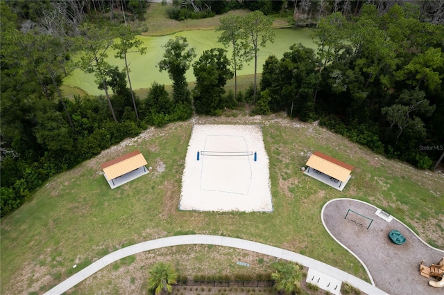 drone / aerial view with a water view