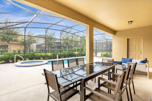 view of patio with an outdoor living space, a lanai, and a pool with hot tub