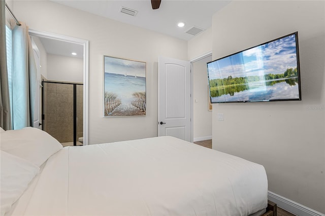 bedroom featuring hardwood / wood-style flooring and ceiling fan