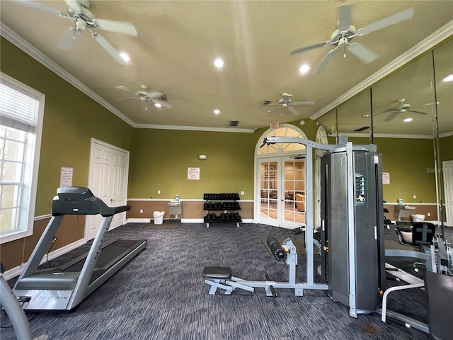 gym with ornamental molding, carpet floors, a textured ceiling, and french doors