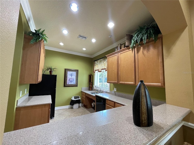 kitchen with light tile patterned flooring, sink, black appliances, crown molding, and a textured ceiling