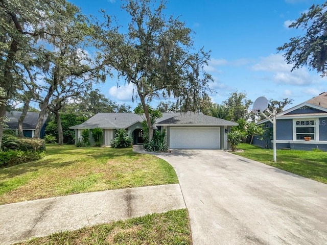 single story home with a garage and a front yard