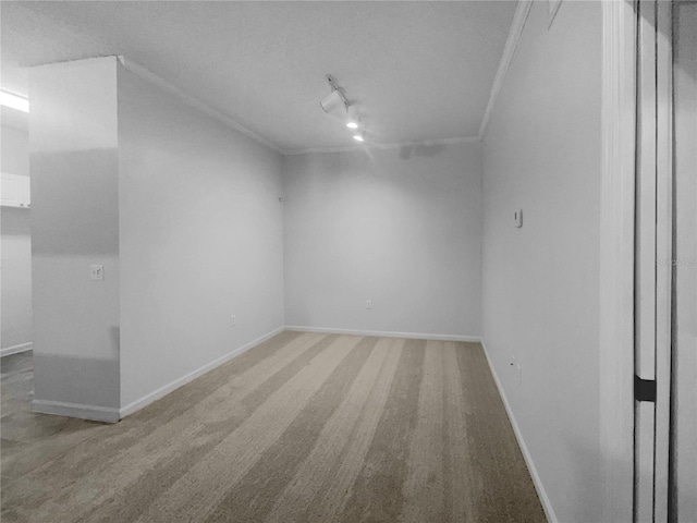 carpeted empty room featuring crown molding and track lighting