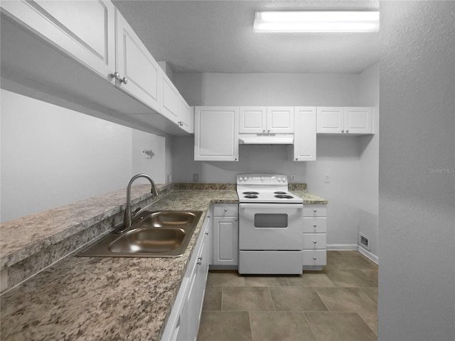 kitchen featuring white cabinetry, electric range, and sink