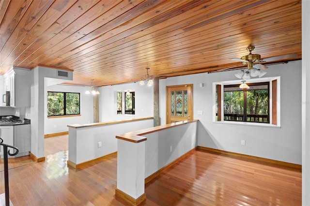 kitchen featuring light wood finished floors, stainless steel appliances, visible vents, a peninsula, and baseboards