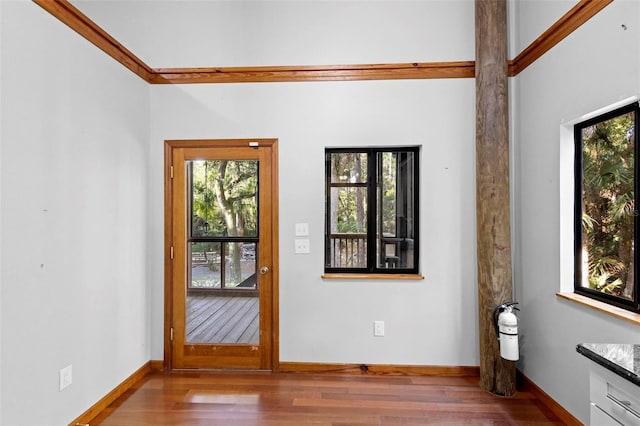 entryway with baseboards and wood finished floors