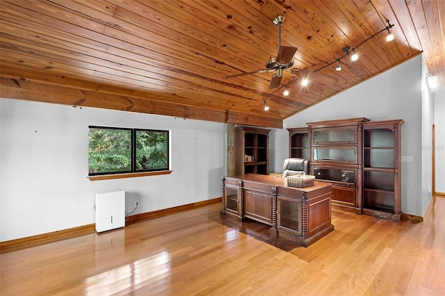 office space with baseboards, lofted ceiling, ceiling fan, wood ceiling, and light wood-style flooring