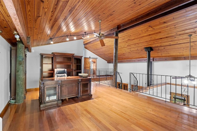 kitchen featuring a ceiling fan, wooden ceiling, wood finished floors, vaulted ceiling, and track lighting