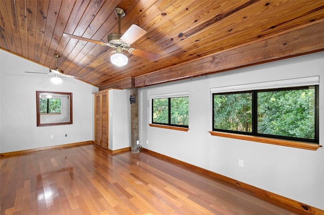 unfurnished room with lofted ceiling, wooden ceiling, baseboards, and wood finished floors