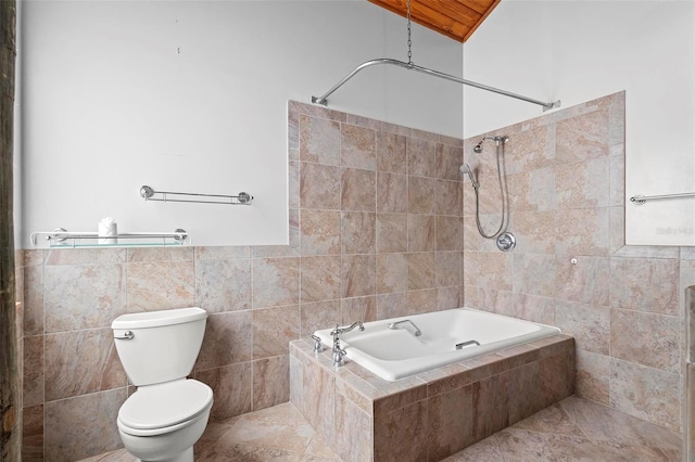 bathroom with toilet and tile walls