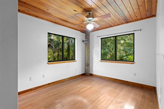 spare room featuring wood ceiling, baseboards, ceiling fan, and wood finished floors