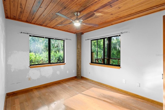empty room with hardwood / wood-style flooring, wooden ceiling, a wealth of natural light, and baseboards