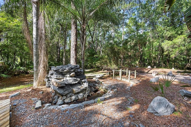 view of yard with a forest view