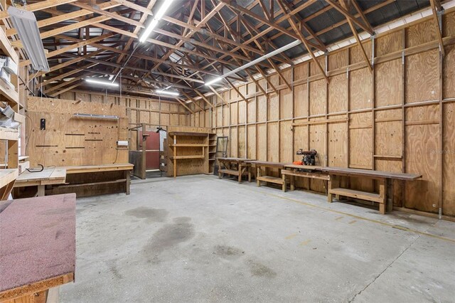 garage with a workshop area
