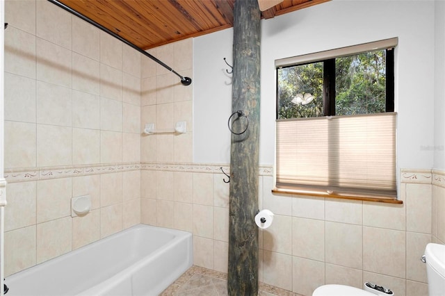 bathroom with wood ceiling, tile walls, toilet, and tile patterned floors