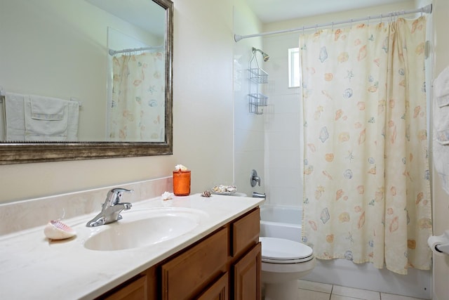 full bathroom featuring toilet, tile patterned floors, vanity, and shower / bathtub combination with curtain