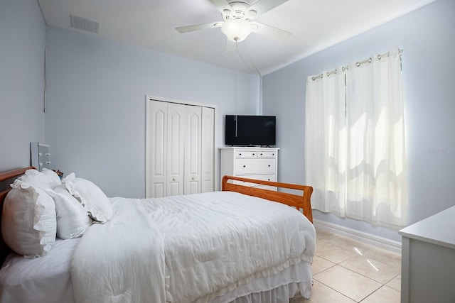 tiled bedroom featuring a closet and ceiling fan