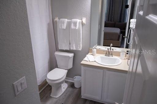 bathroom with vanity, toilet, and hardwood / wood-style floors