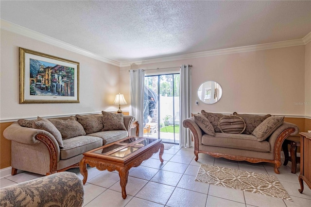 living room featuring light tile patterned flooring, crown molding, and a textured ceiling