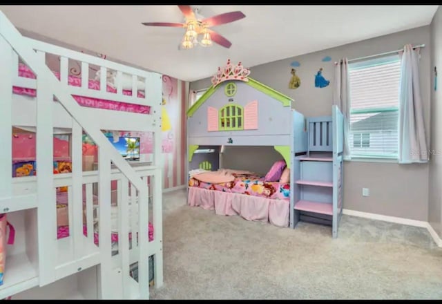 bedroom with light colored carpet and ceiling fan