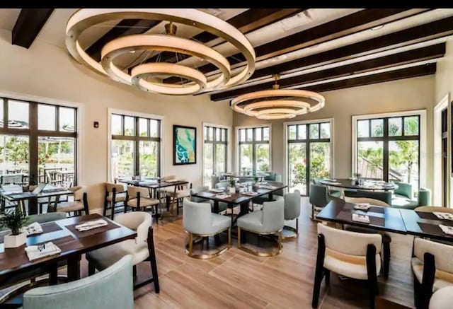 interior space featuring light hardwood / wood-style flooring and beam ceiling