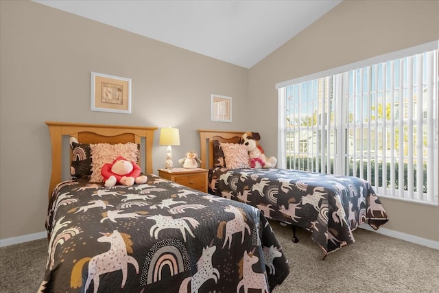 bedroom with carpet and vaulted ceiling