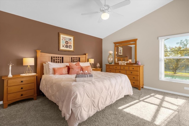 carpeted bedroom with vaulted ceiling and ceiling fan