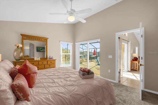 bedroom featuring carpet flooring, ceiling fan, access to exterior, and lofted ceiling