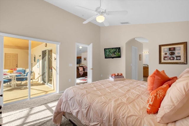 bedroom featuring carpet flooring, access to exterior, and ceiling fan