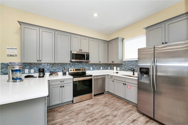 kitchen with appliances with stainless steel finishes, tasteful backsplash, sink, gray cabinets, and light wood-type flooring