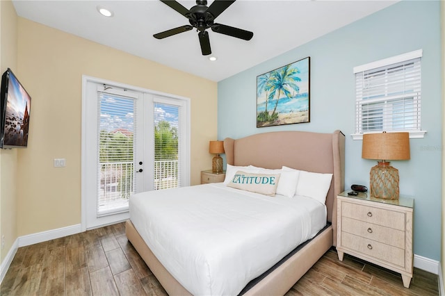 bedroom featuring ceiling fan, access to exterior, and french doors