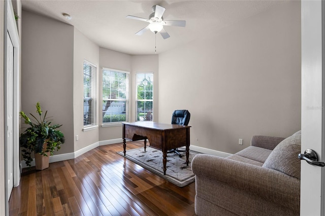 office space with ceiling fan and dark hardwood / wood-style floors