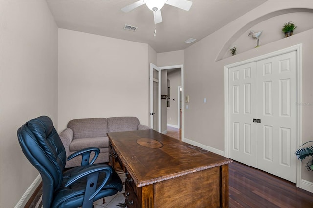 office area with dark hardwood / wood-style flooring and ceiling fan