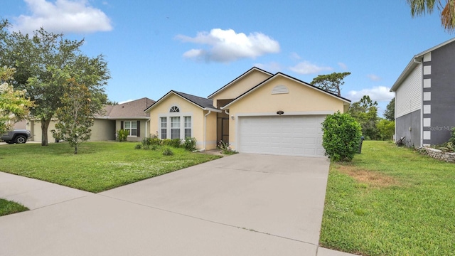 ranch-style house with a garage and a front yard