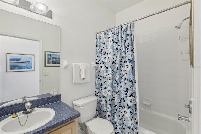 full bathroom featuring vanity, toilet, and shower / bathtub combination with curtain