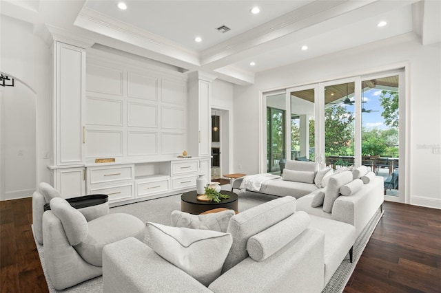 living room with crown molding and dark wood-type flooring