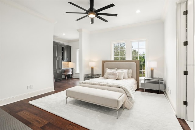 bedroom with ornamental molding, ceiling fan, dark wood-type flooring, and radiator