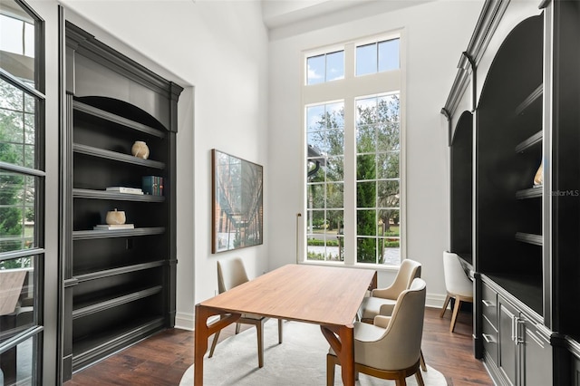 office with dark hardwood / wood-style floors, built in features, and a wealth of natural light