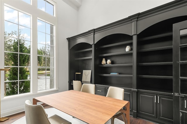 dining space with a healthy amount of sunlight, dark hardwood / wood-style flooring, and built in features