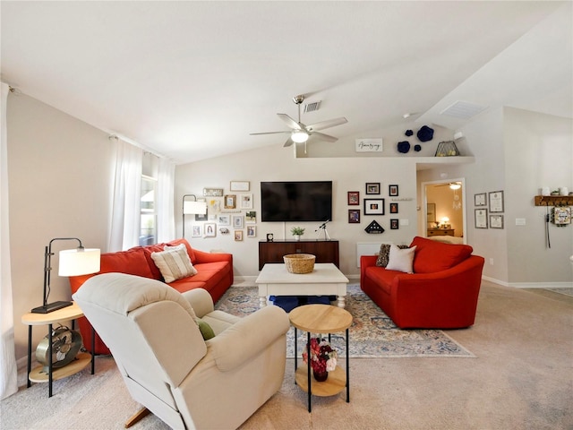 living room featuring ceiling fan, light colored carpet, and lofted ceiling