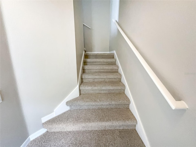 stairs featuring carpet flooring