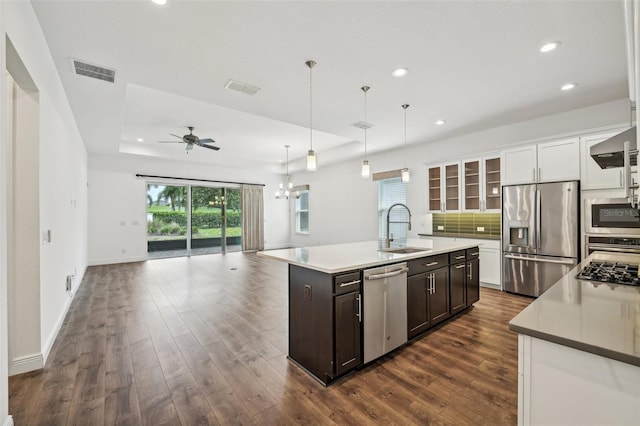 kitchen featuring pendant lighting, sink, appliances with stainless steel finishes, a center island with sink, and a raised ceiling