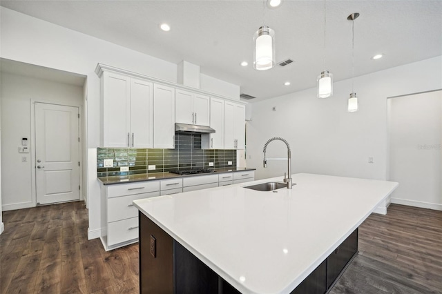 kitchen with white cabinetry, sink, and a center island with sink