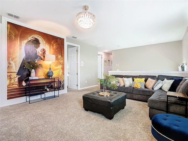 living room with carpet flooring and a chandelier