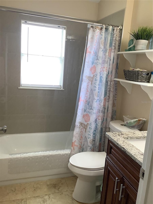 full bathroom with vanity, shower / bath combo, tile patterned floors, and toilet