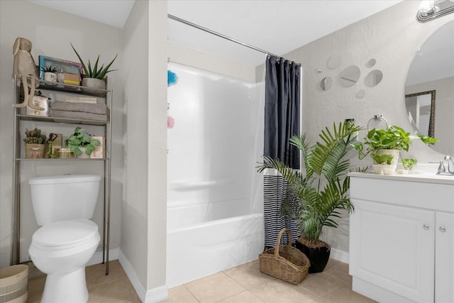 full bathroom with shower / tub combo, tile patterned floors, toilet, and vanity