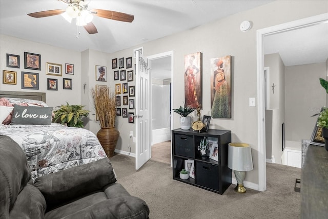 carpeted bedroom with ceiling fan