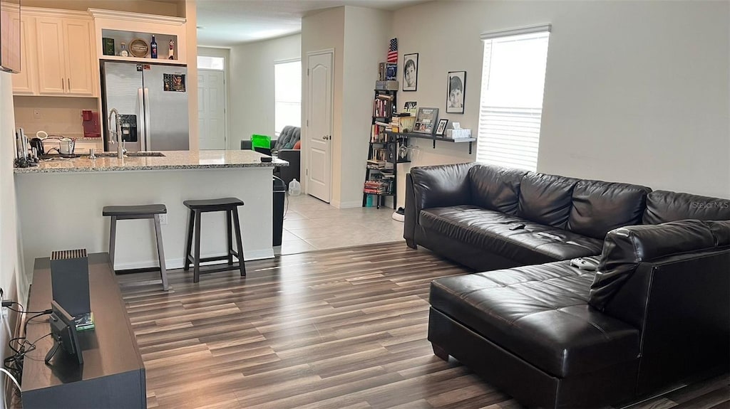 living room with a healthy amount of sunlight and dark hardwood / wood-style floors